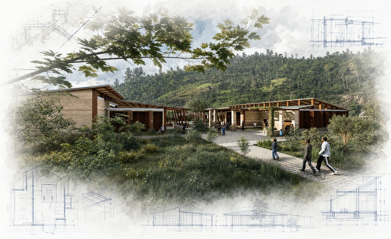Rwaza Community Library Coffee and Cocoa Cooperative architectural visualization with watercolor and blueprint details