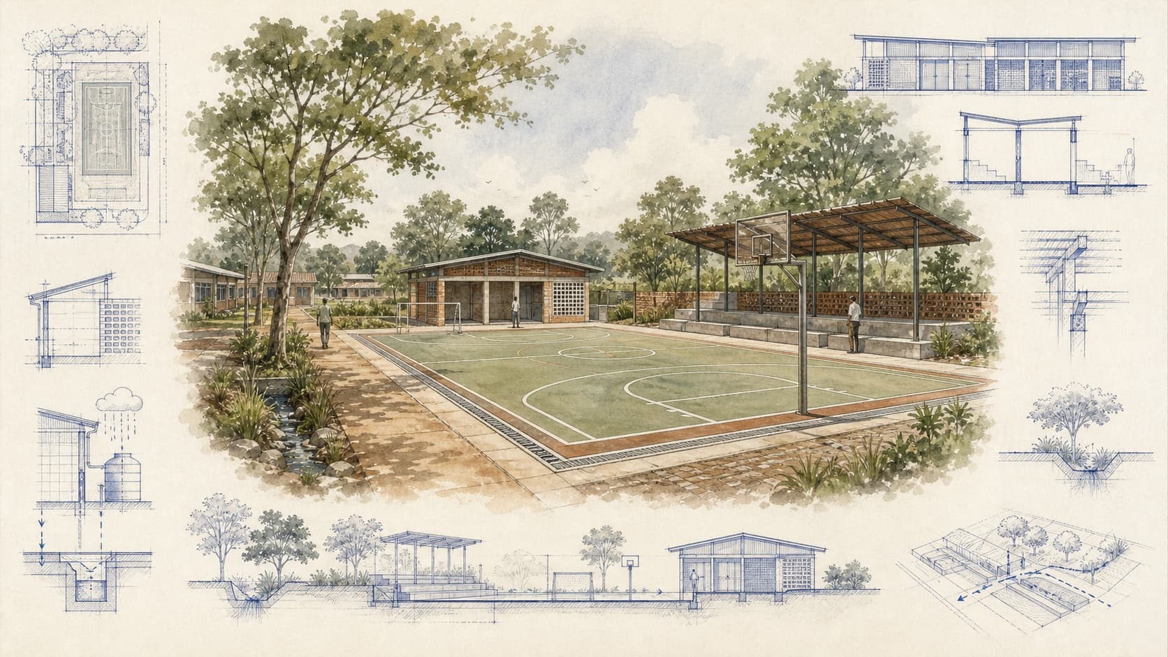 SM High School Playground architectural visualization with watercolor and blueprint details