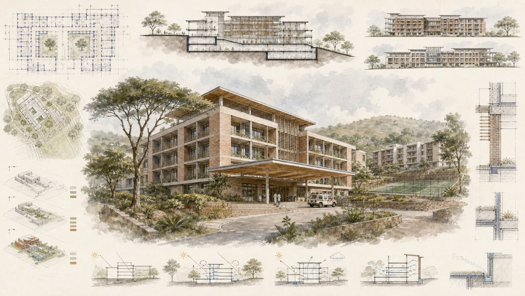 Tebah Hospital architectural visualization with watercolor and blueprint details