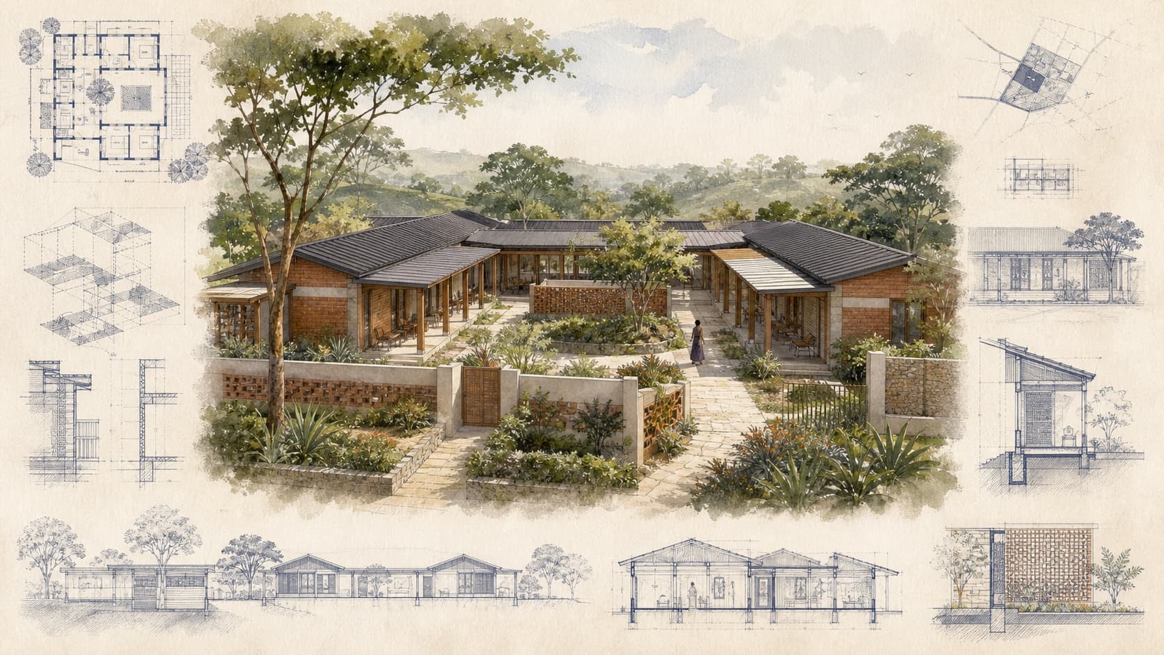 The Dream Foundation Safe House architectural visualization with watercolor and blueprint details