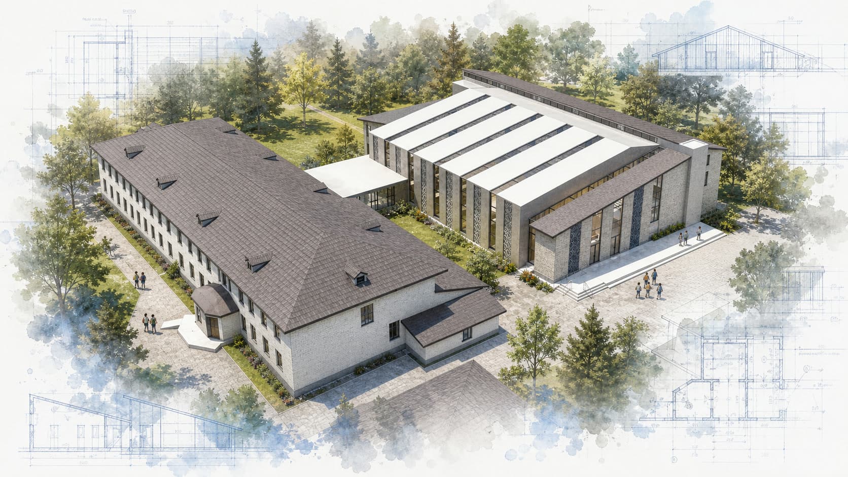 Trostyanets School Renovation School #3 architectural visualization with watercolor and blueprint details