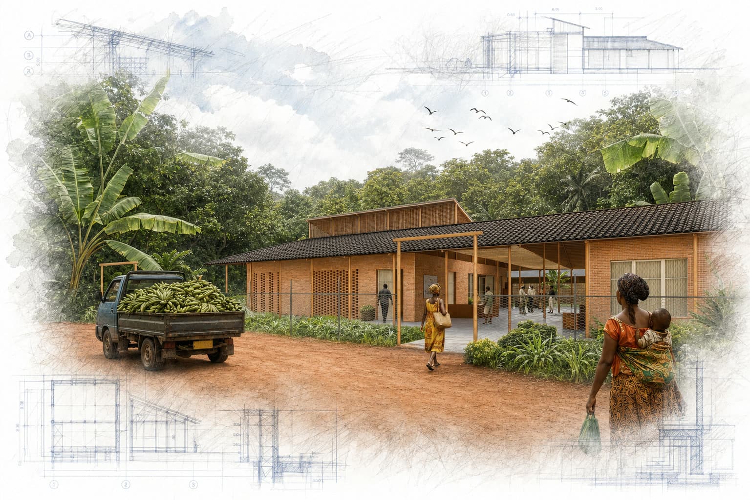 Wandusoa Ecological Learning Center architectural visualization with watercolor and blueprint details