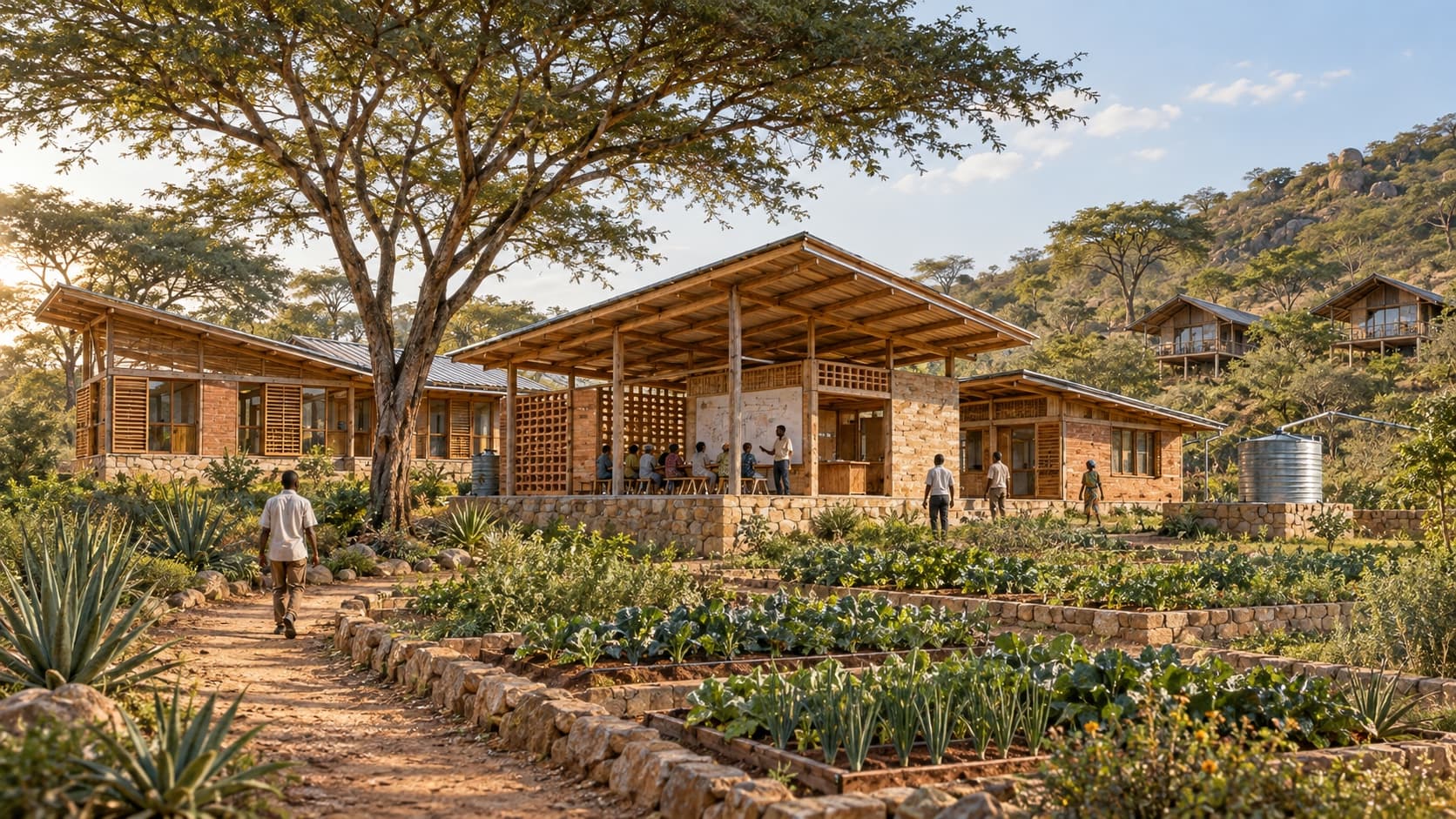 Photorealistic architectural visualization of the proposed Wongonyi Learning Center, with shaded timber roofs, demonstration gardens, and rainwater collection in Kenya’s Taita landscape