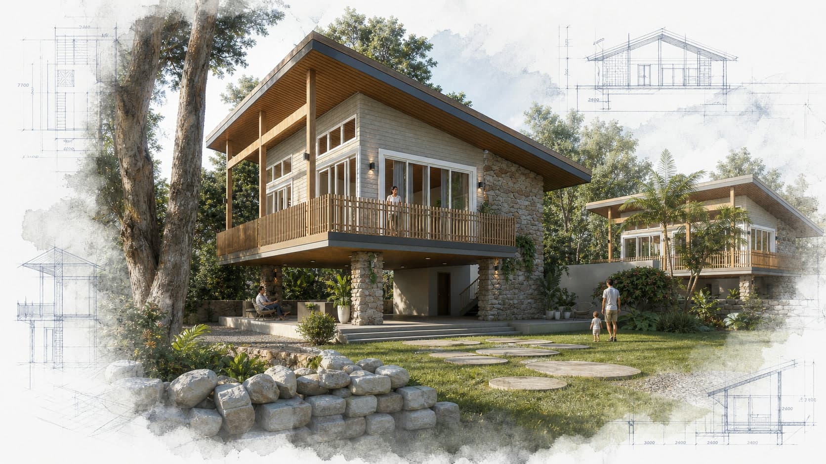 Yantalo Eco Guest Housing architectural visualization with watercolor and blueprint details