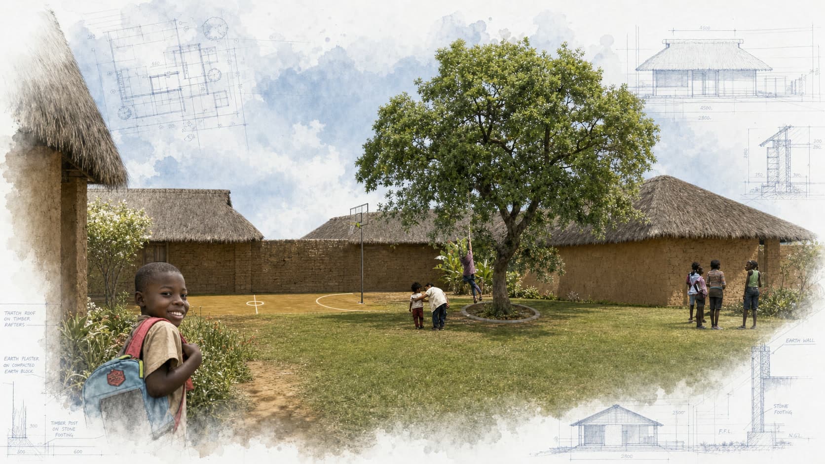 Zwakala Youth Village architectural visualization with watercolor and blueprint details