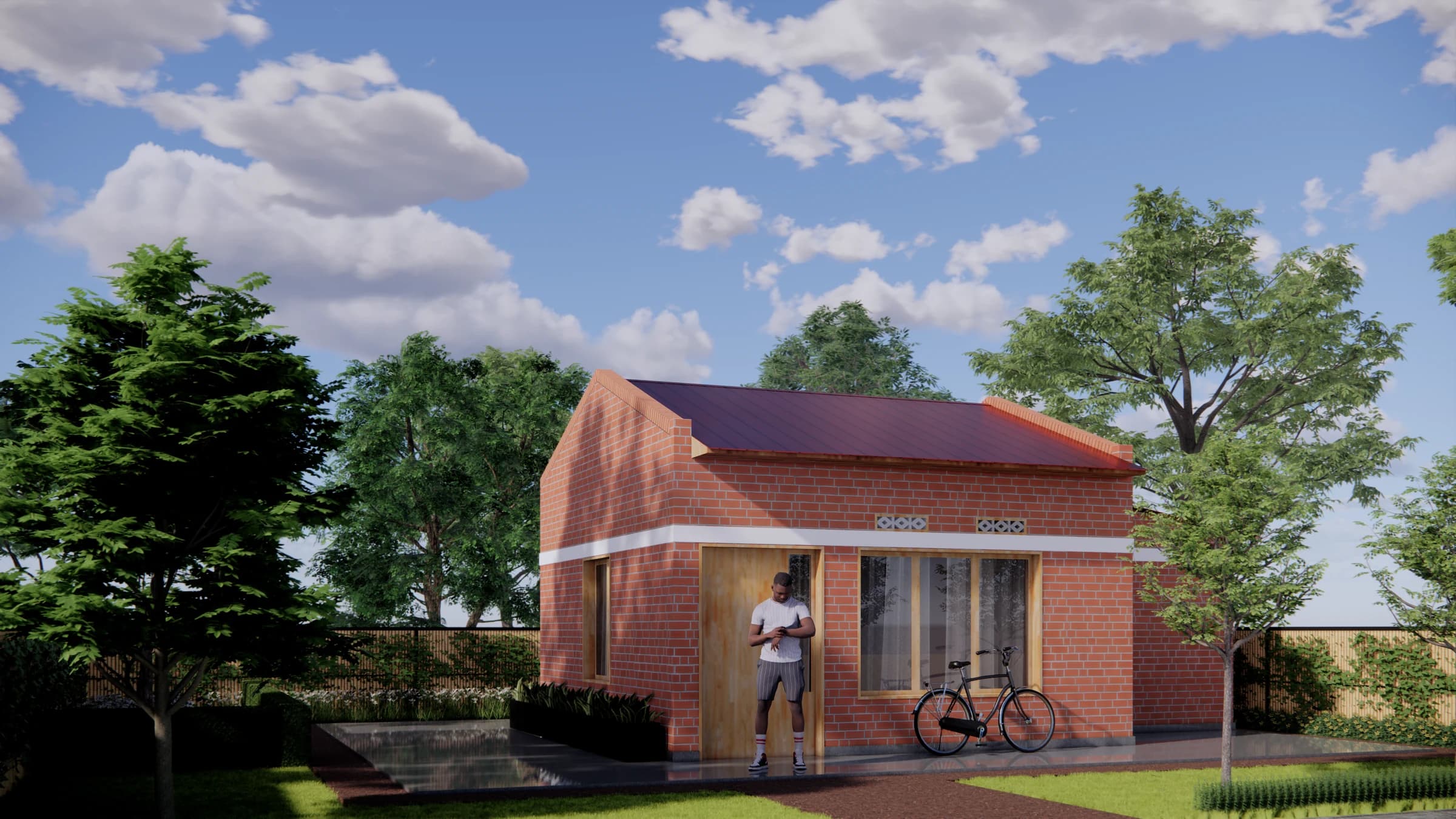 Architectural rendering of a compact brick housing typology with a simple pitched roof, shaded windows, and a bicycle at the entrance