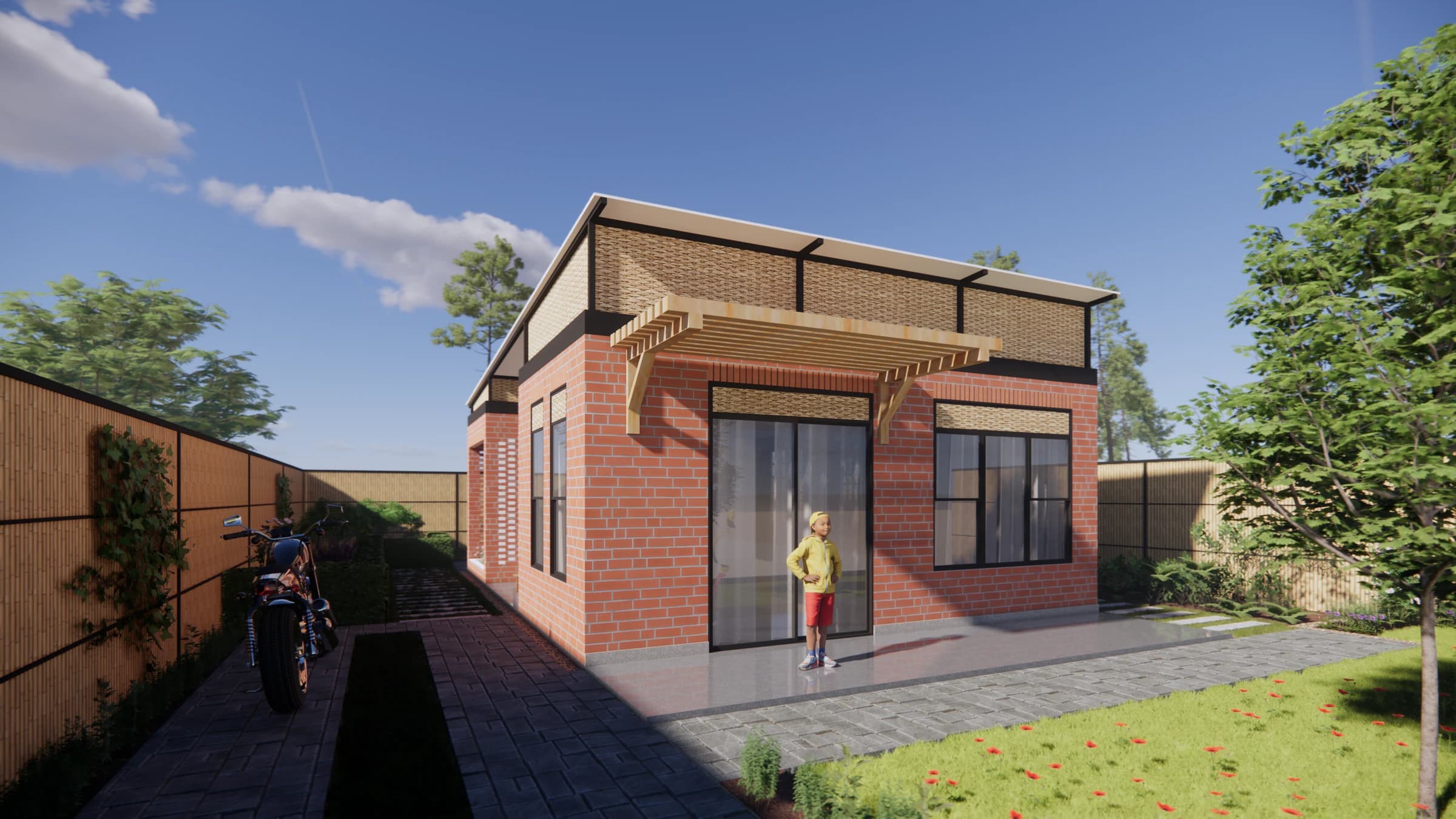 Architectural rendering of a proposed incremental brick home with woven ventilation panels, a shaded entry, and room to grow