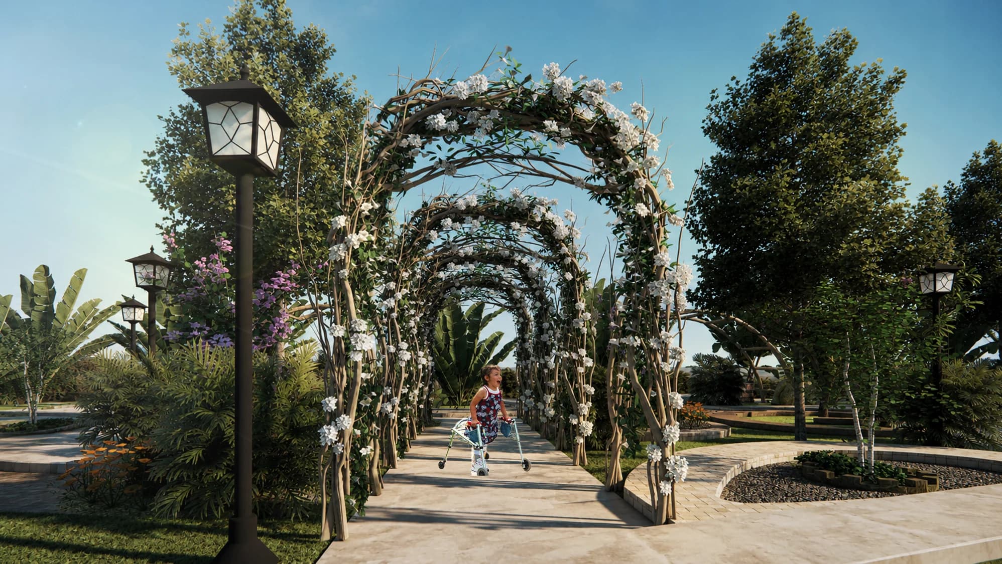 Rendering of a child using a walker beneath flowering garden arches along the proposed accessible path