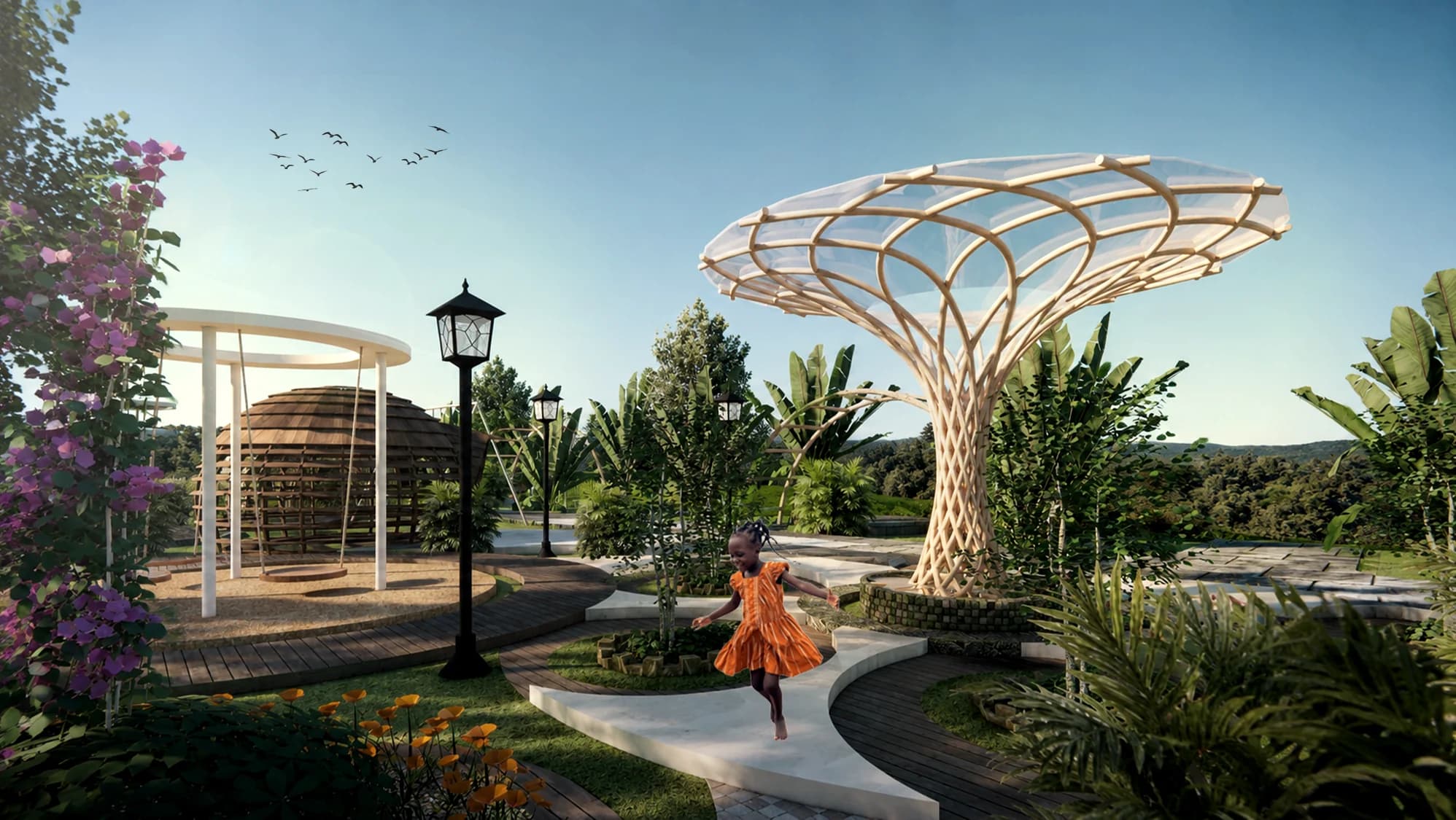 Rendering of a shaded bamboo pavilion beside the sensory garden's accessible walking and mobility-practice path