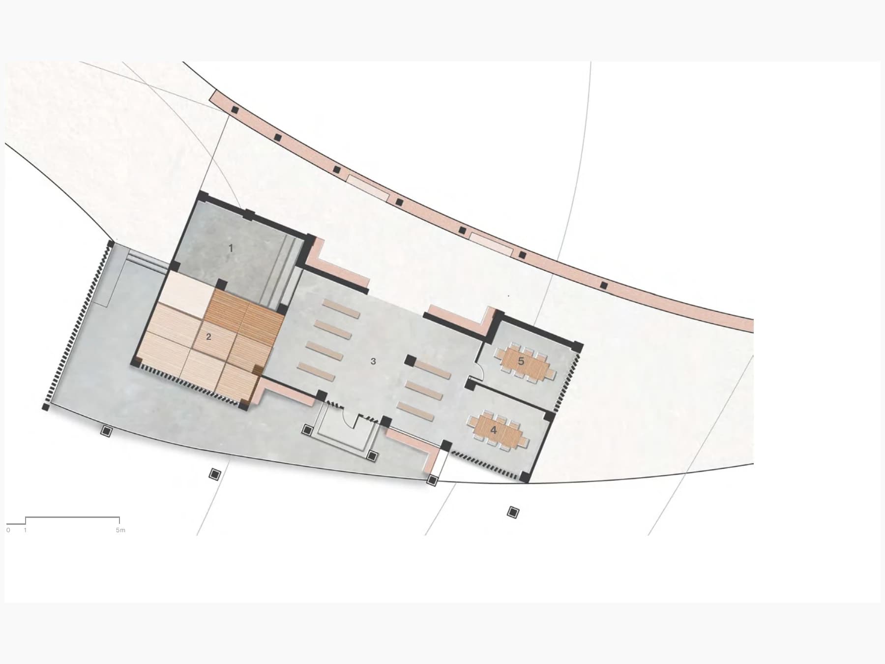 Floor plan for the proposed library, arranging children’s and adult learning zones, the main book space, work tables, and a meeting room along the curved hillside site