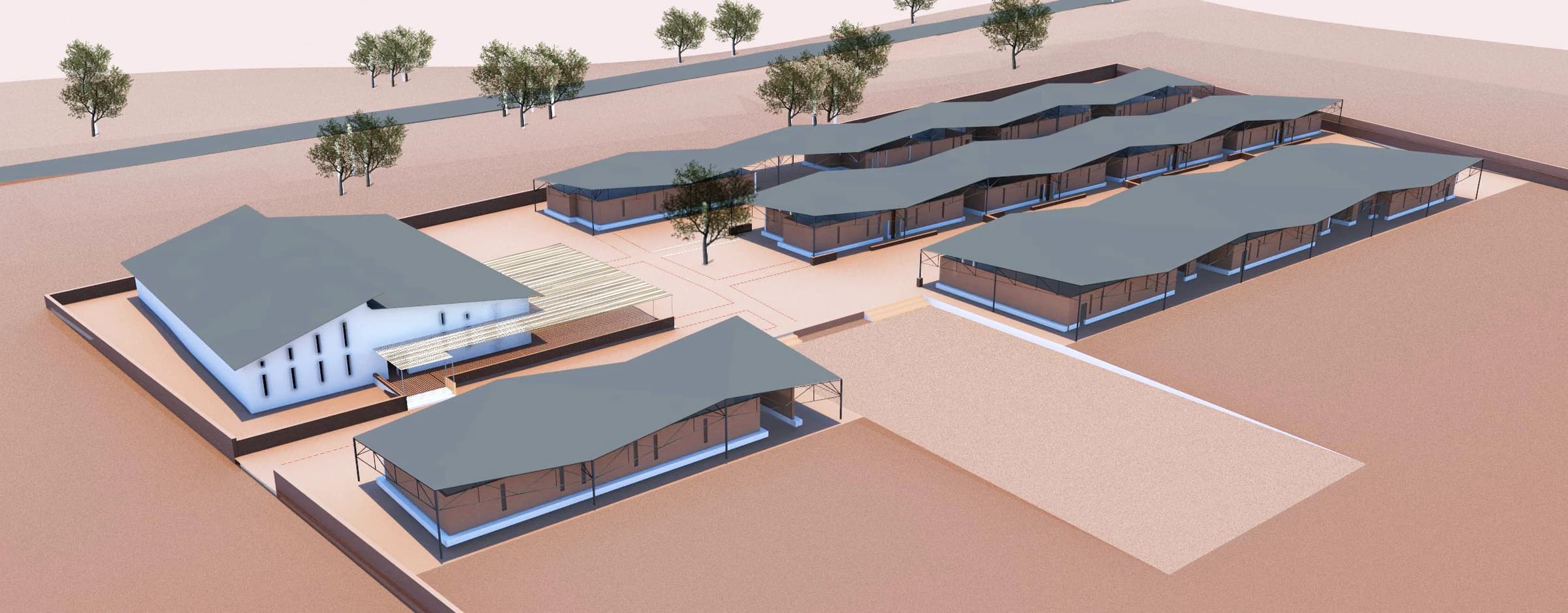 Aerial rendering showing the vocational school's workshop bars organized around shared outdoor courts