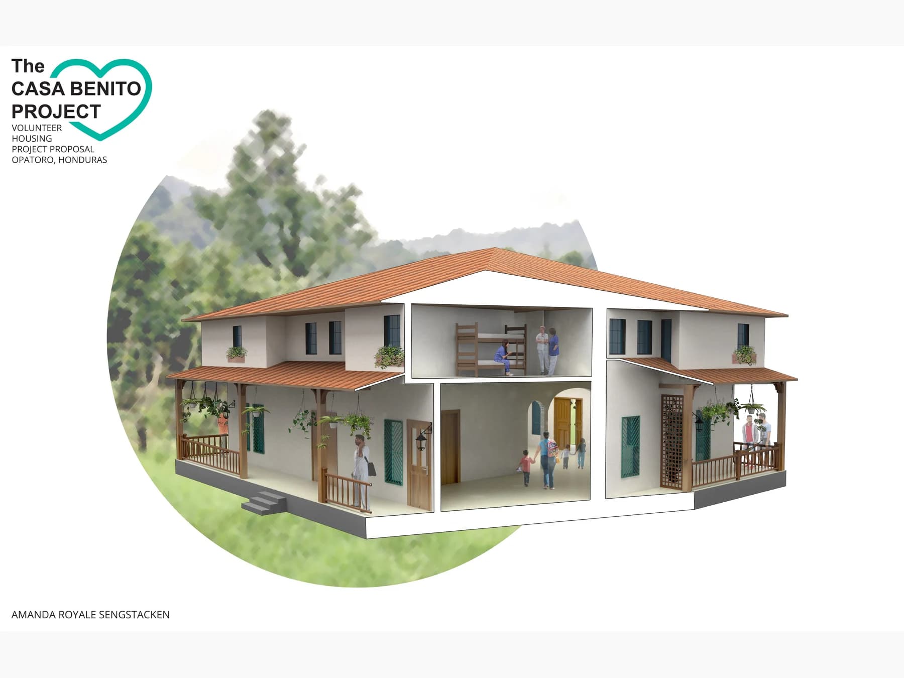 Cutaway architectural rendering of the proposed Casa Benito building, showing volunteer bedrooms above shared community and support spaces