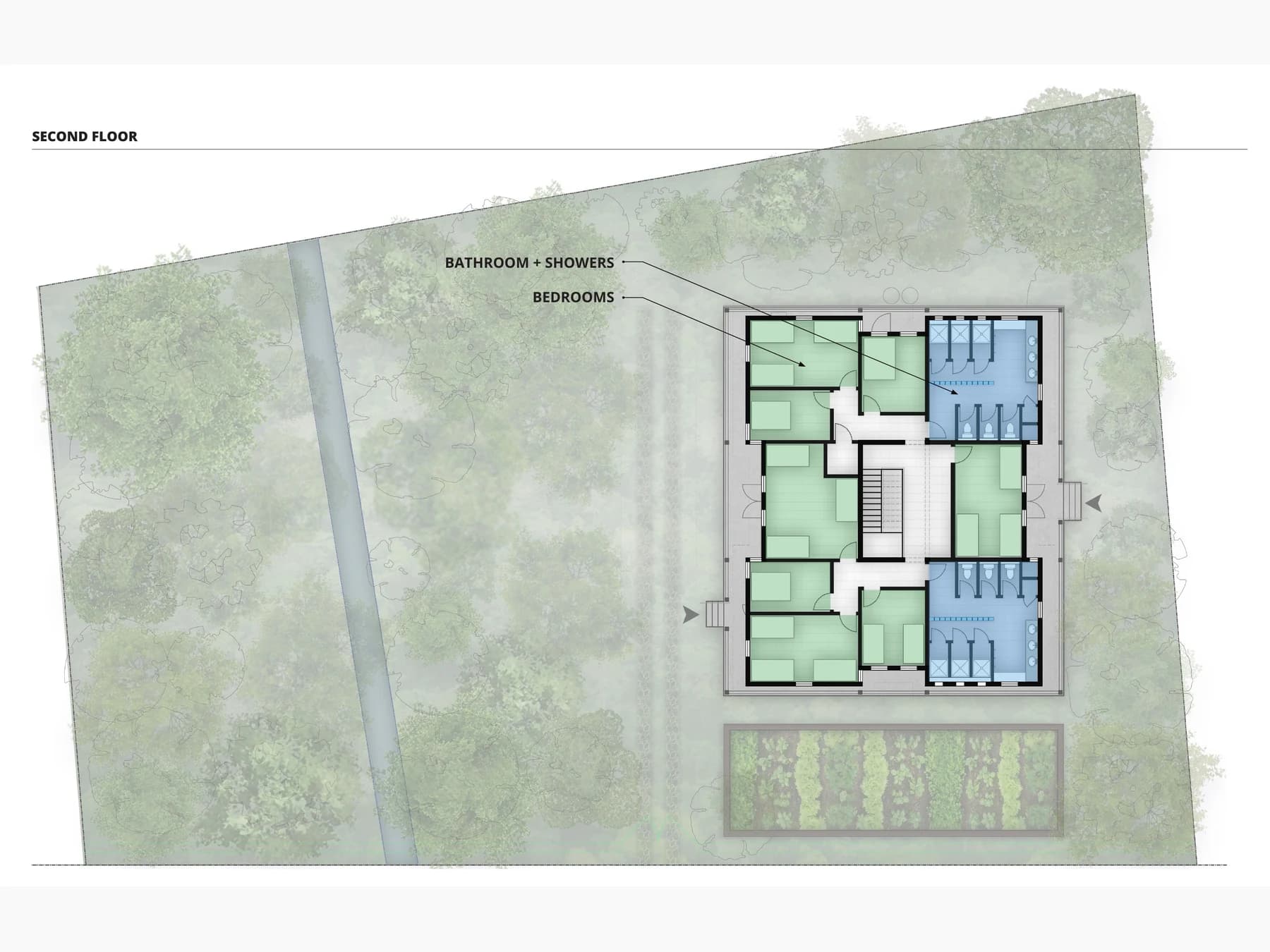 Second-floor plan for Casa Benito, arranging volunteer bedrooms around a central stair with shared bathrooms and showers