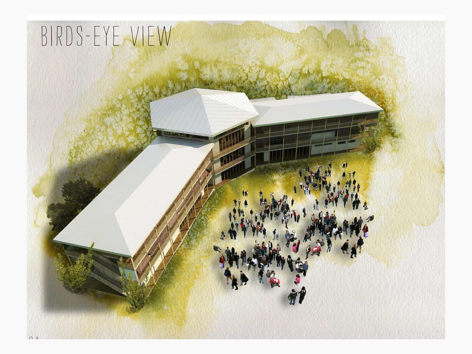 Bird's-eye rendering of the proposed V-shaped campus framing a shared outdoor courtyard