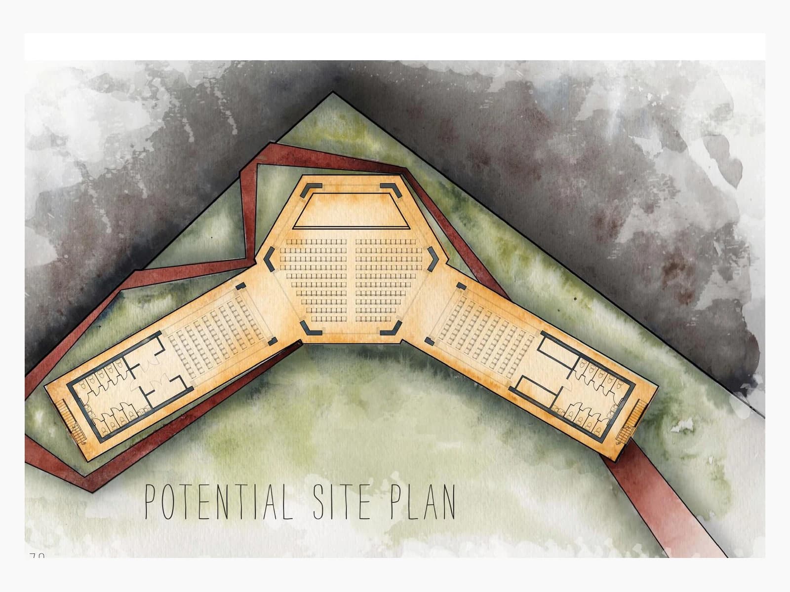 Watercolor site plan showing the proposed three-wing campus organized around a central gathering space