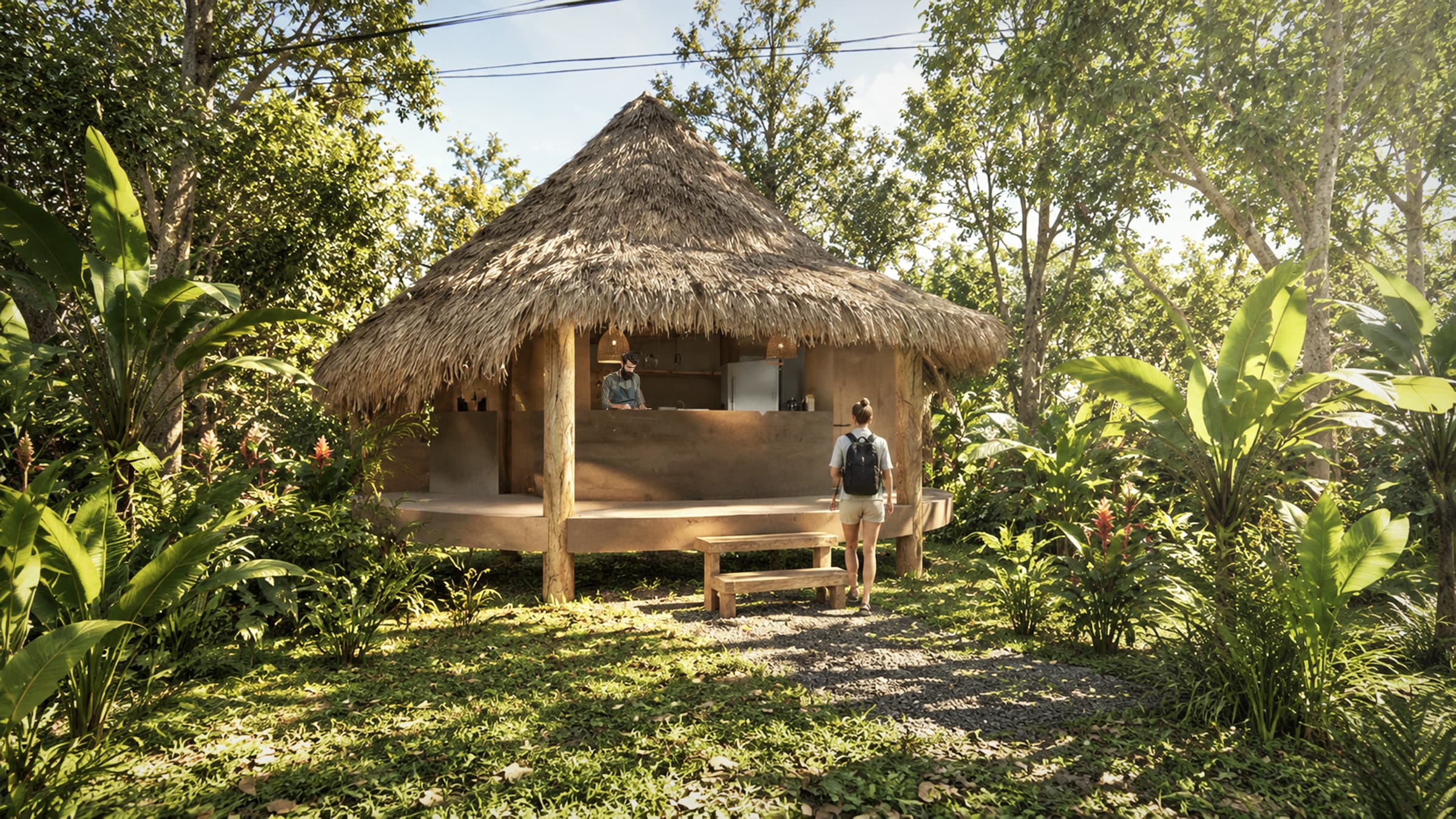 Architectural rendering of the proposed raised volunteer accommodation with a shaded thatch roof in El Puente's tropical garden