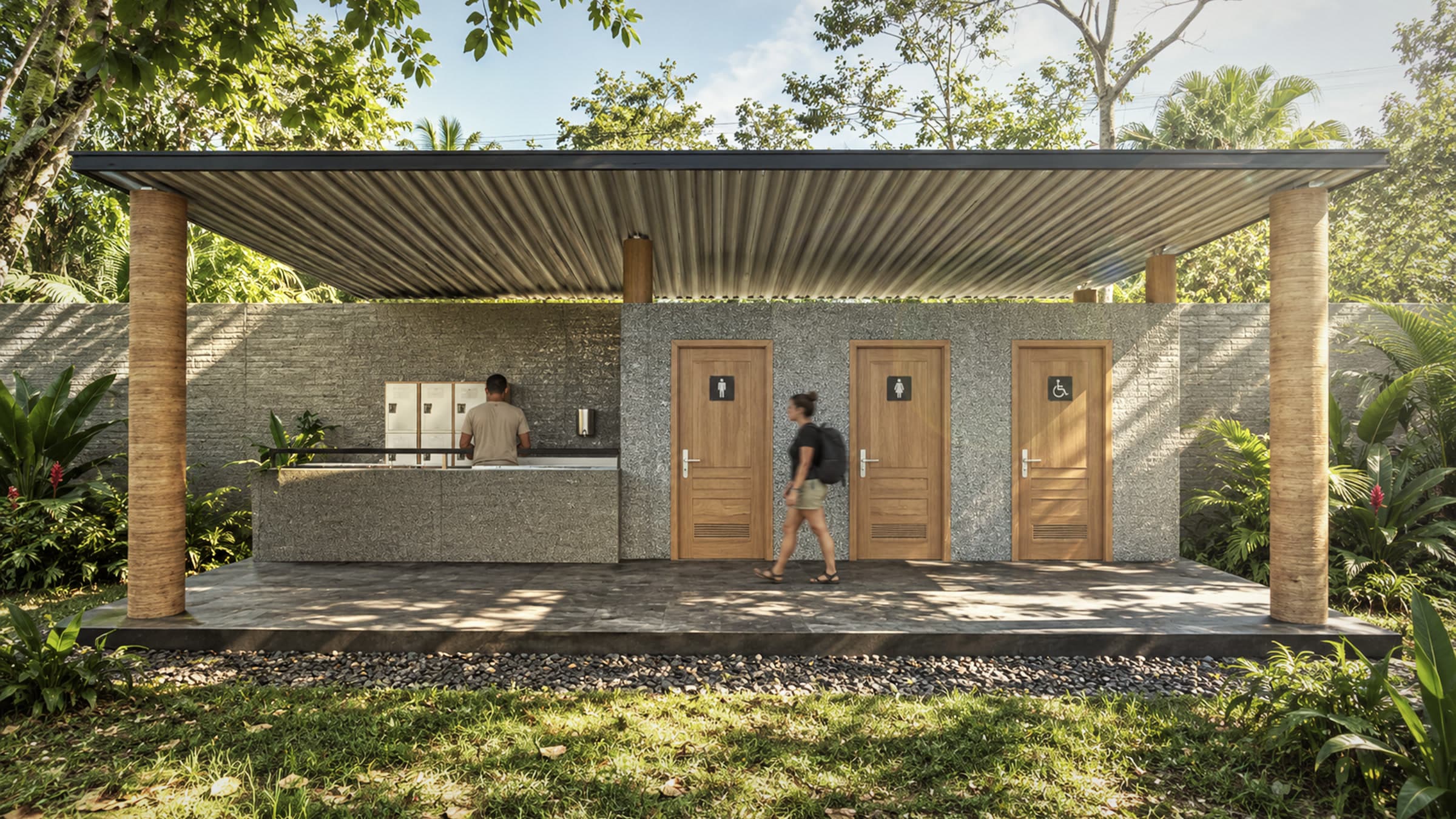 Exterior architectural rendering of the proposed communal restroom and washing station beneath a broad metal roof