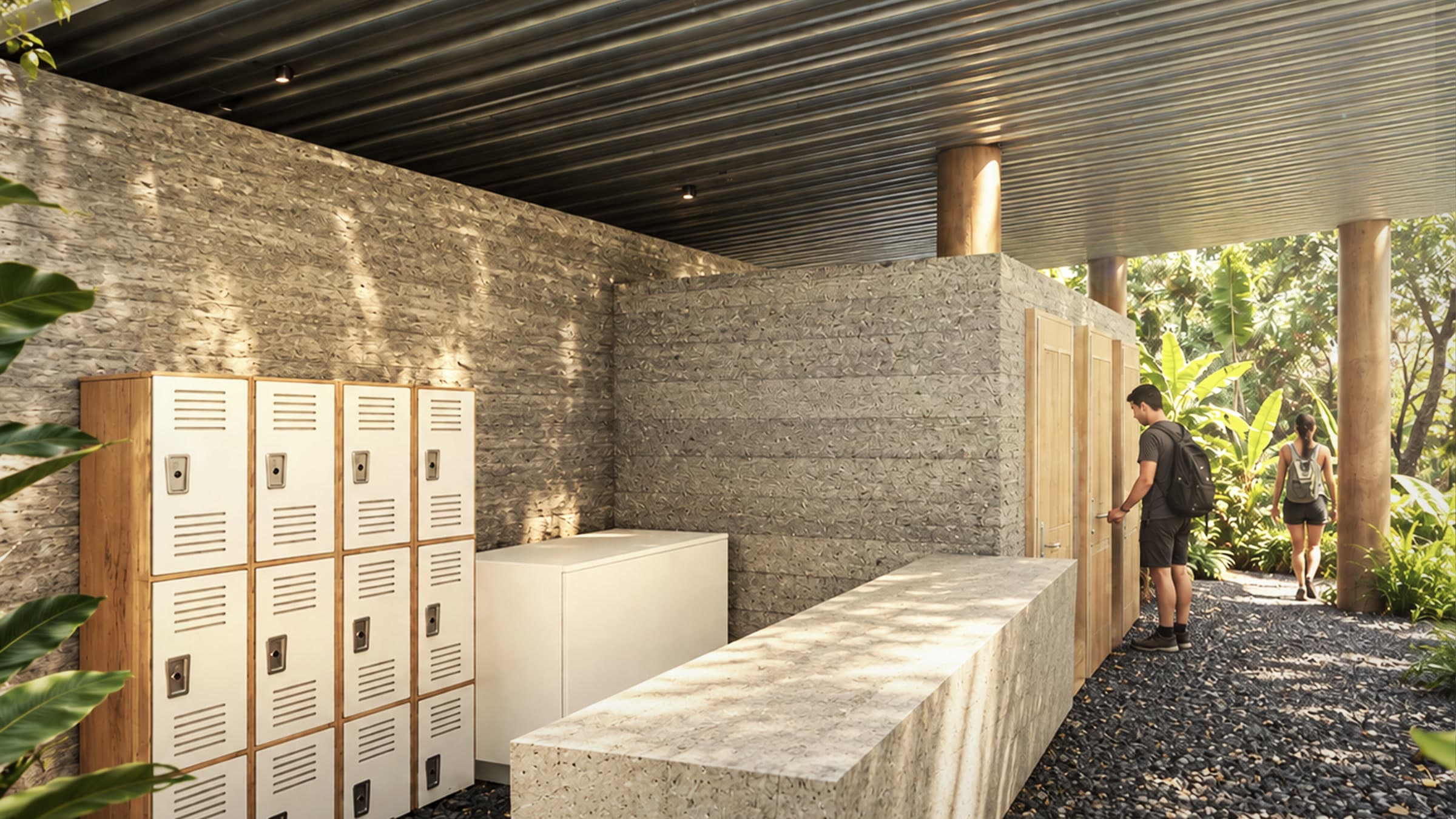 Interior architectural rendering of the proposed wash station with lockers, laundry equipment, and sheltered circulation