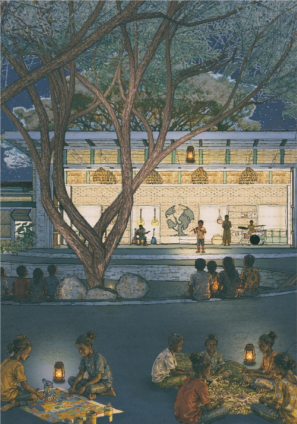 Competition rendering of Gisimba’s proposed arts and music hub, with musicians performing from an open workshop toward people gathered beneath courtyard trees.