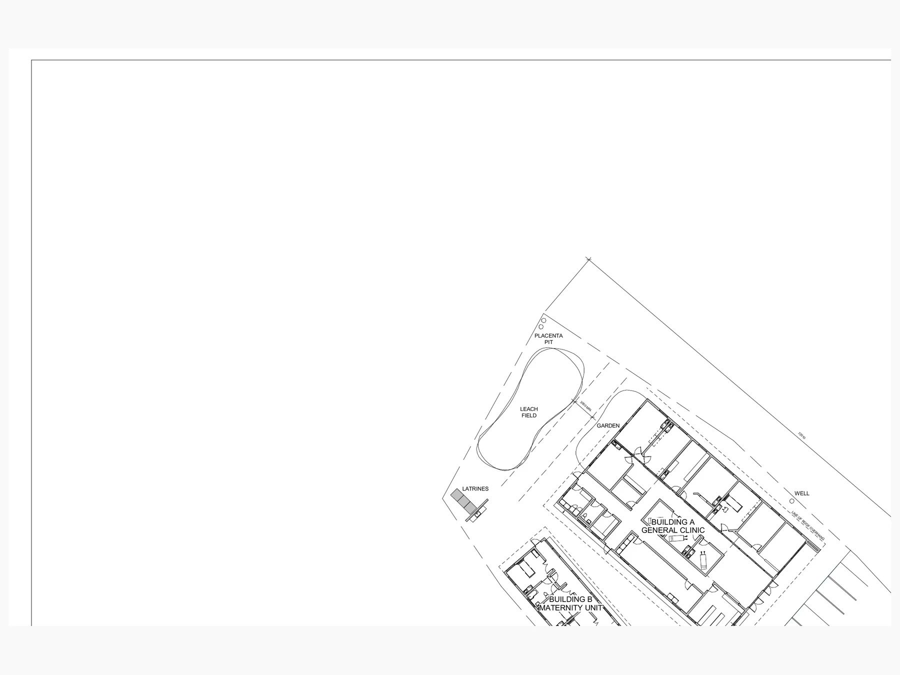 Site plan organizing the proposed Harmony Life clinic buildings, arrival court, parking, and service access in Fort Portal