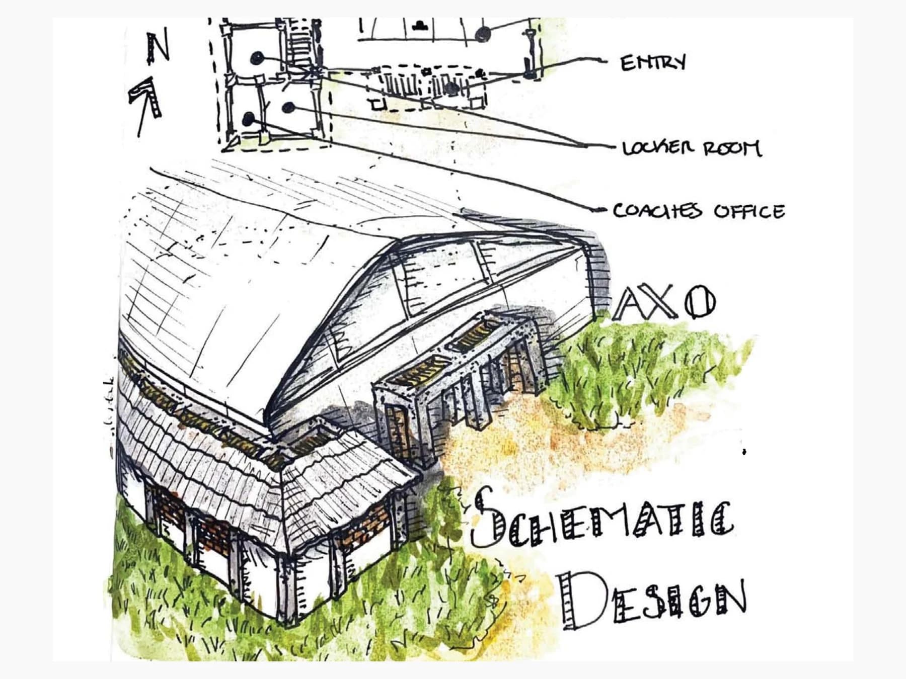Hand-drawn axonometric of the proposed KPI center, showing the covered sports hall and lower support rooms stepping with the site