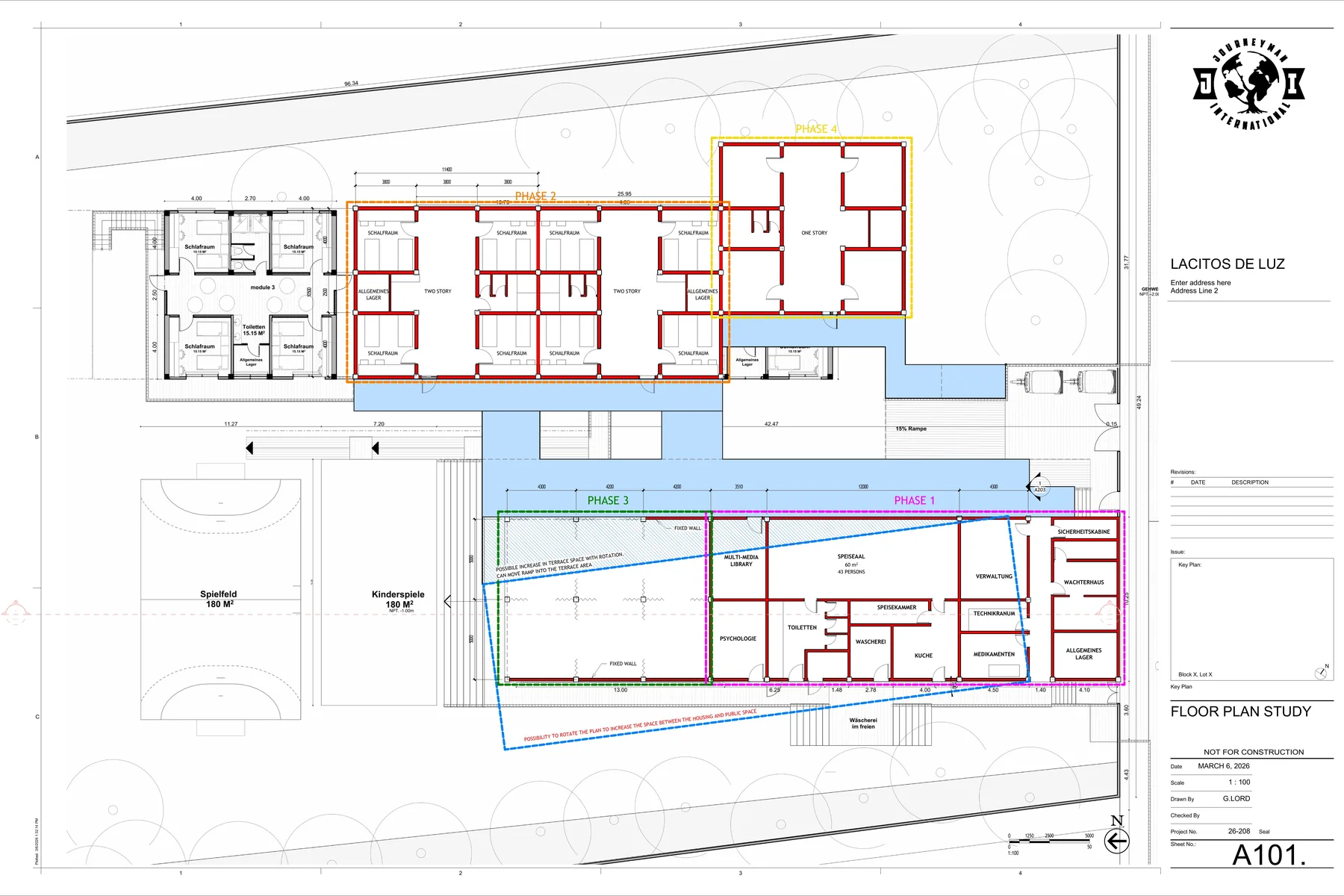 March 2026 floor-plan study for Lacitos de Luz, showing proposed construction phases