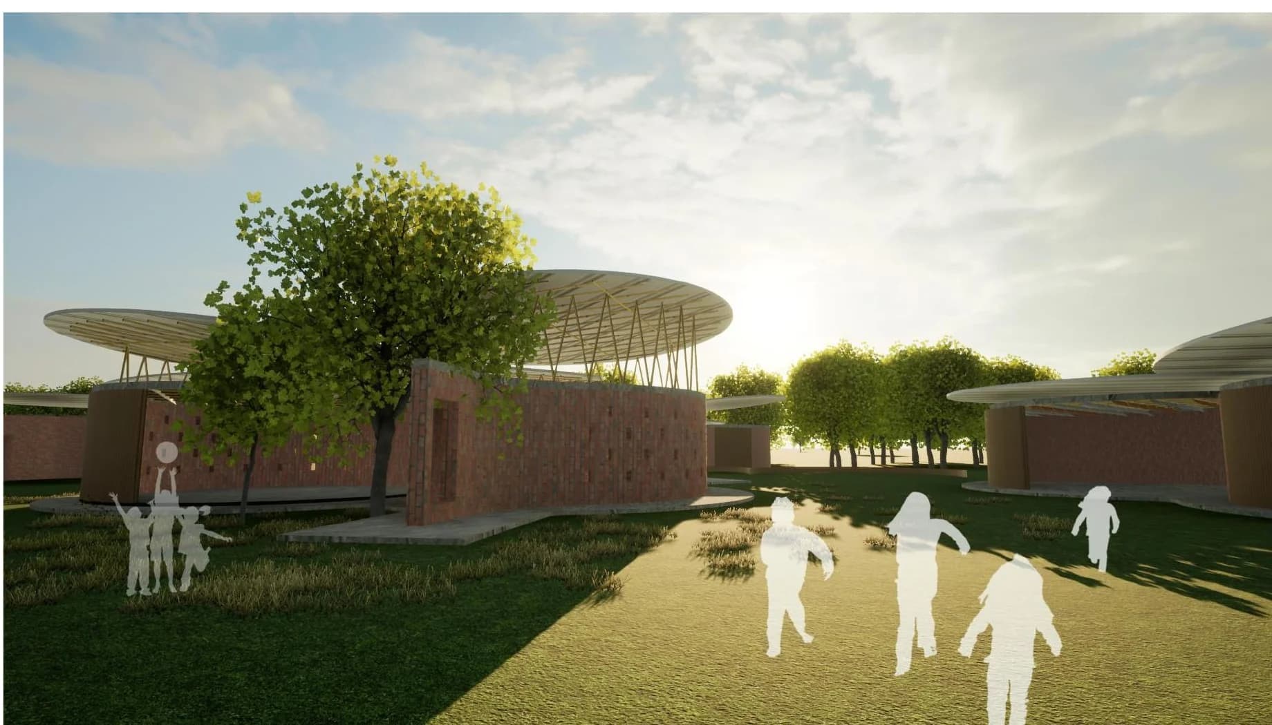 Student proposal rendering for the Little Angels School expansion, with circular brick classrooms and broad woven shade roofs gathered along a garden path