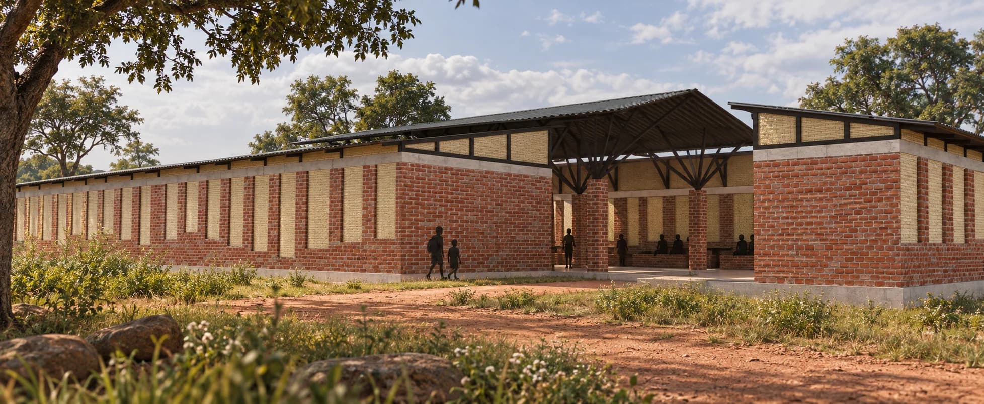 Architectural rendering of the proposed Mathinka Orphanage Primary School, with brick classroom wings gathered around a sheltered central entrance in Makeni