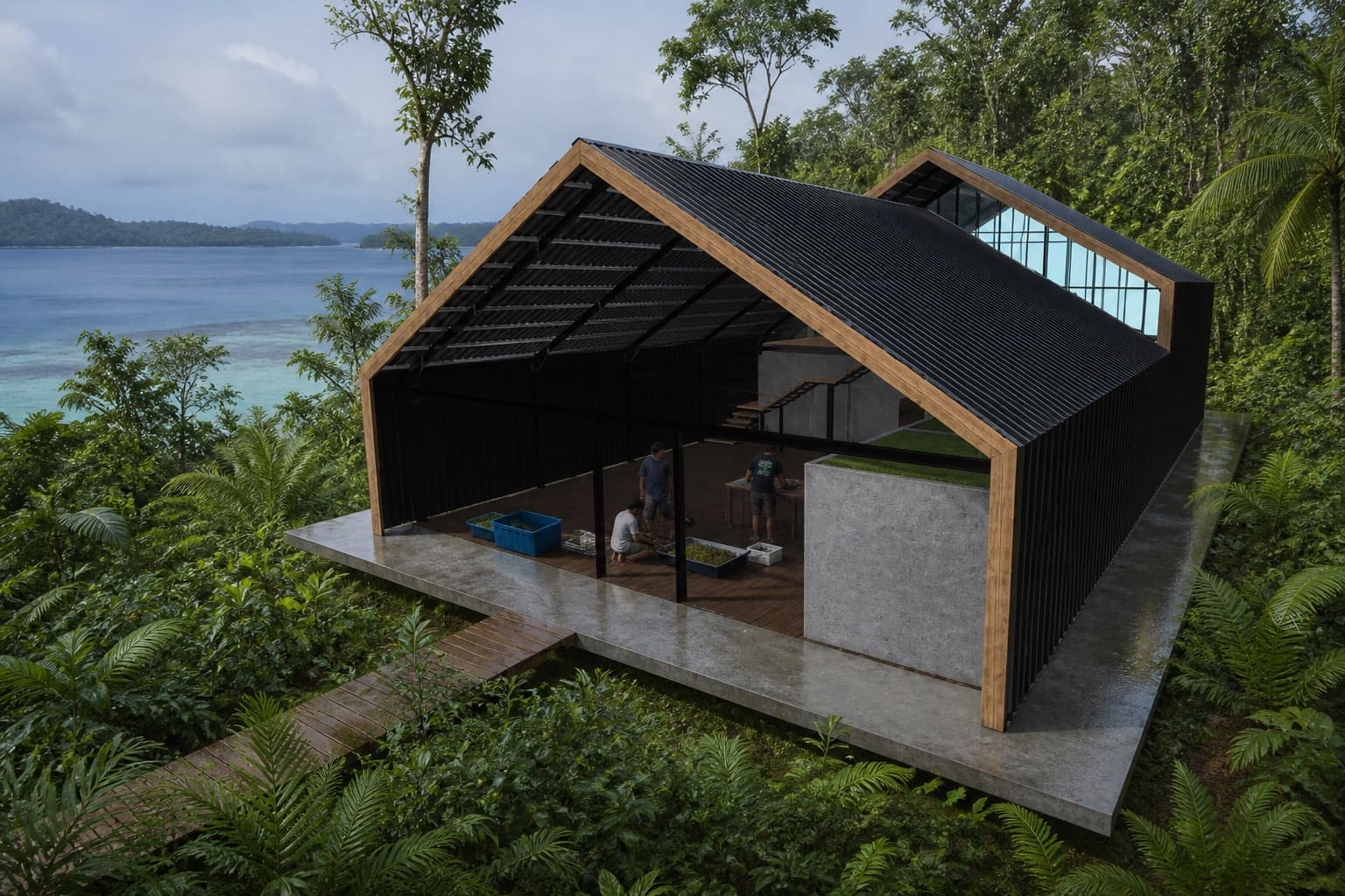 Conceptual view of the proposed Papuan Coral Restoration and Training Center in the forest above the water