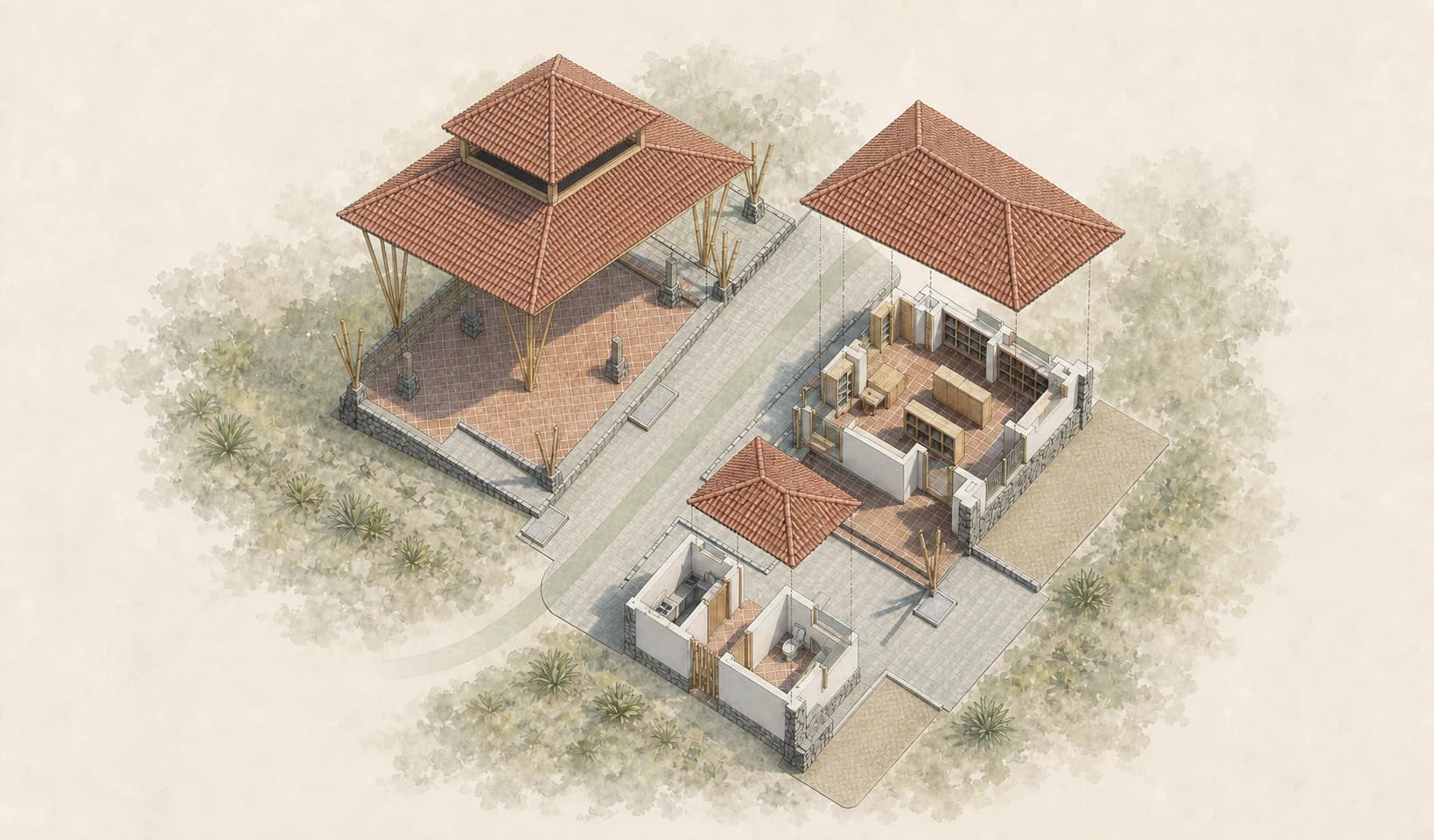 Roof-off axonometric showing how PUSPADI Library's open pavilion, enclosed library, service block, and accessible circulation connect
