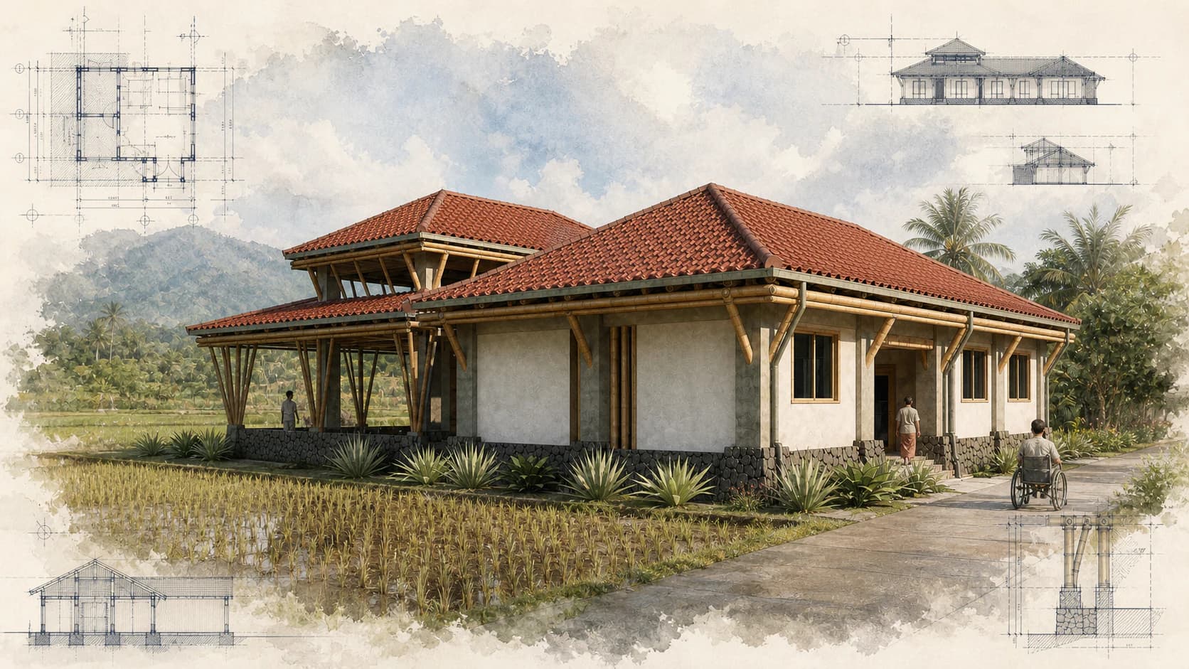 Sakti PUSPADI Library beside the rice fields in Bungaya, with terracotta roofs, bamboo verandas, an accessible path, and architectural drawings