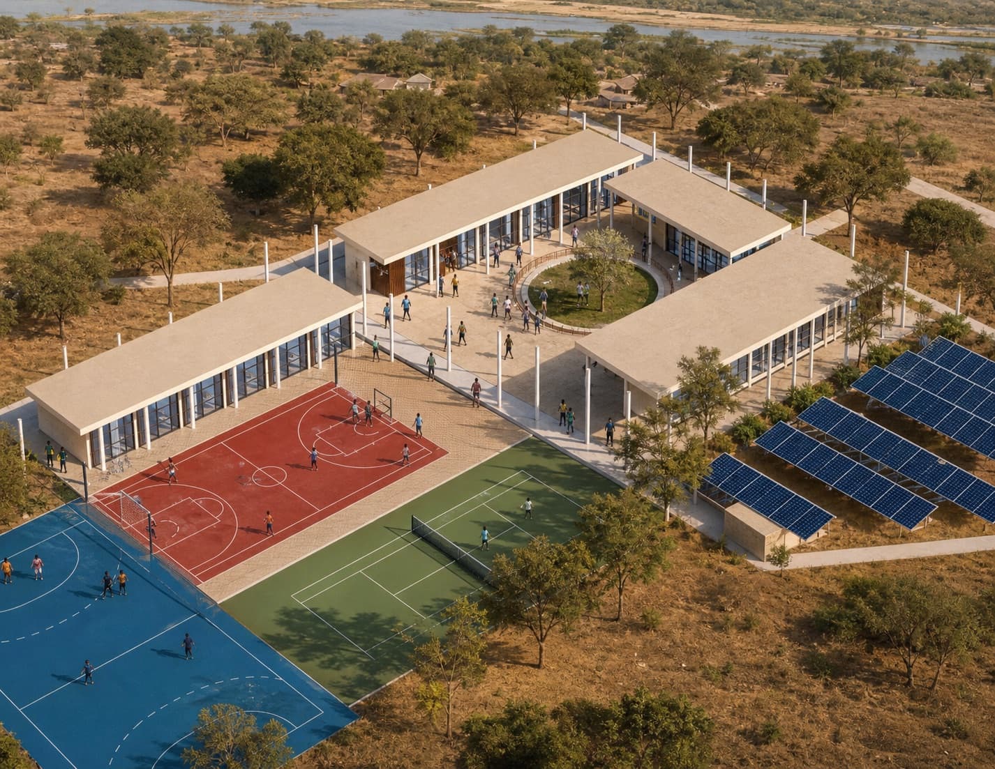 Conceptual aerial view of the proposed Sport Grounds 4 Future Tuabou campus in Senegal