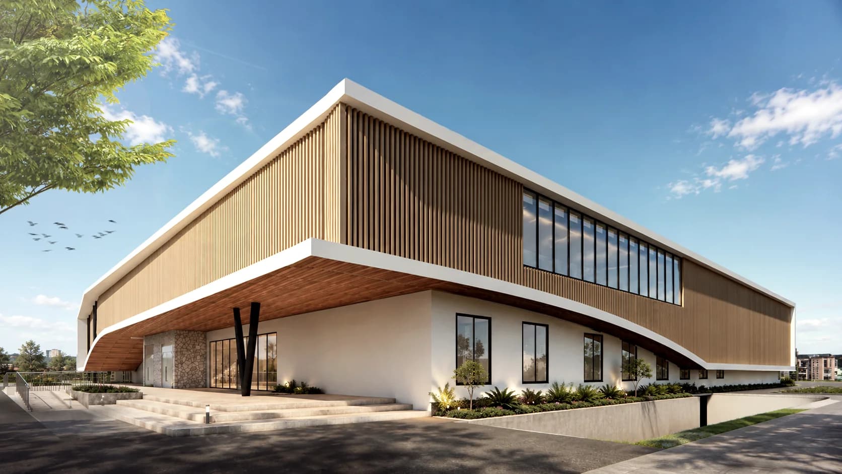 Rendering of the proposed Ubumwe Arena campus, landscape, and surrounding community buildings