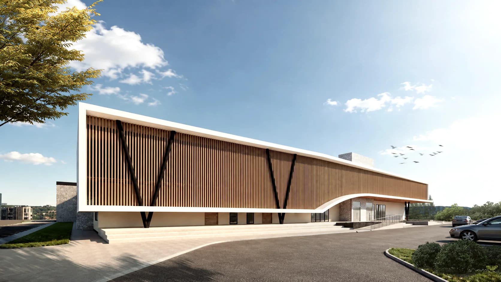 Rendering of the proposed outdoor community court connecting buildings across the Ubumwe campus