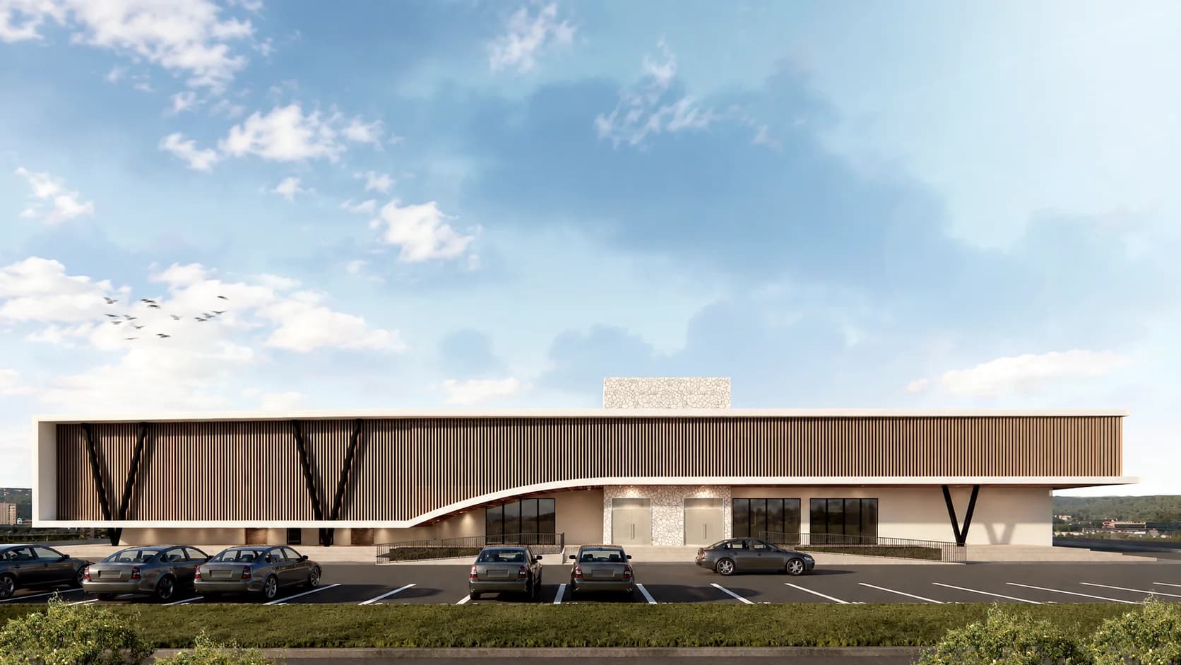 Daytime rendering of the proposed Ubumwe Arena entrance with a long timber screen and step-free approach
