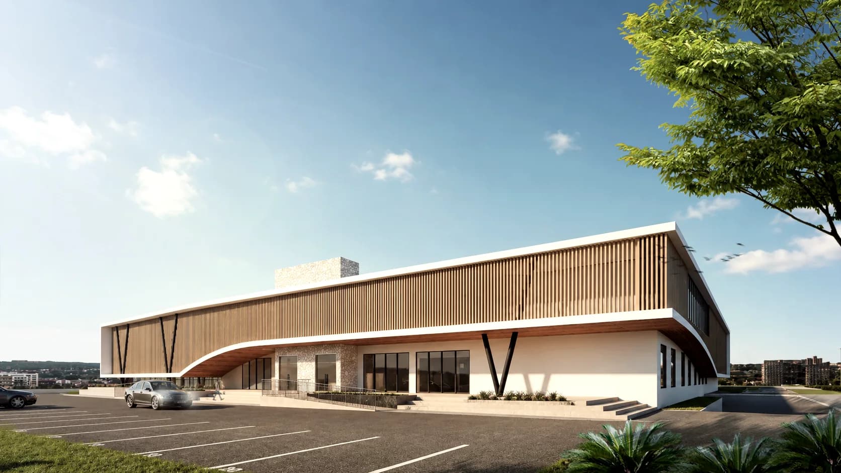 Interior rendering of the proposed naturally lit multipurpose arena hall