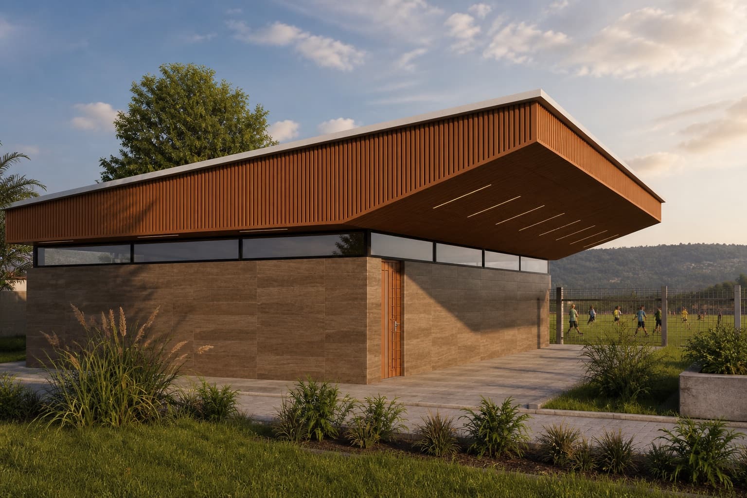 Conceptual view of the proposed Umuri Opportunity Eco-Hub beside its football pitch in Kigali