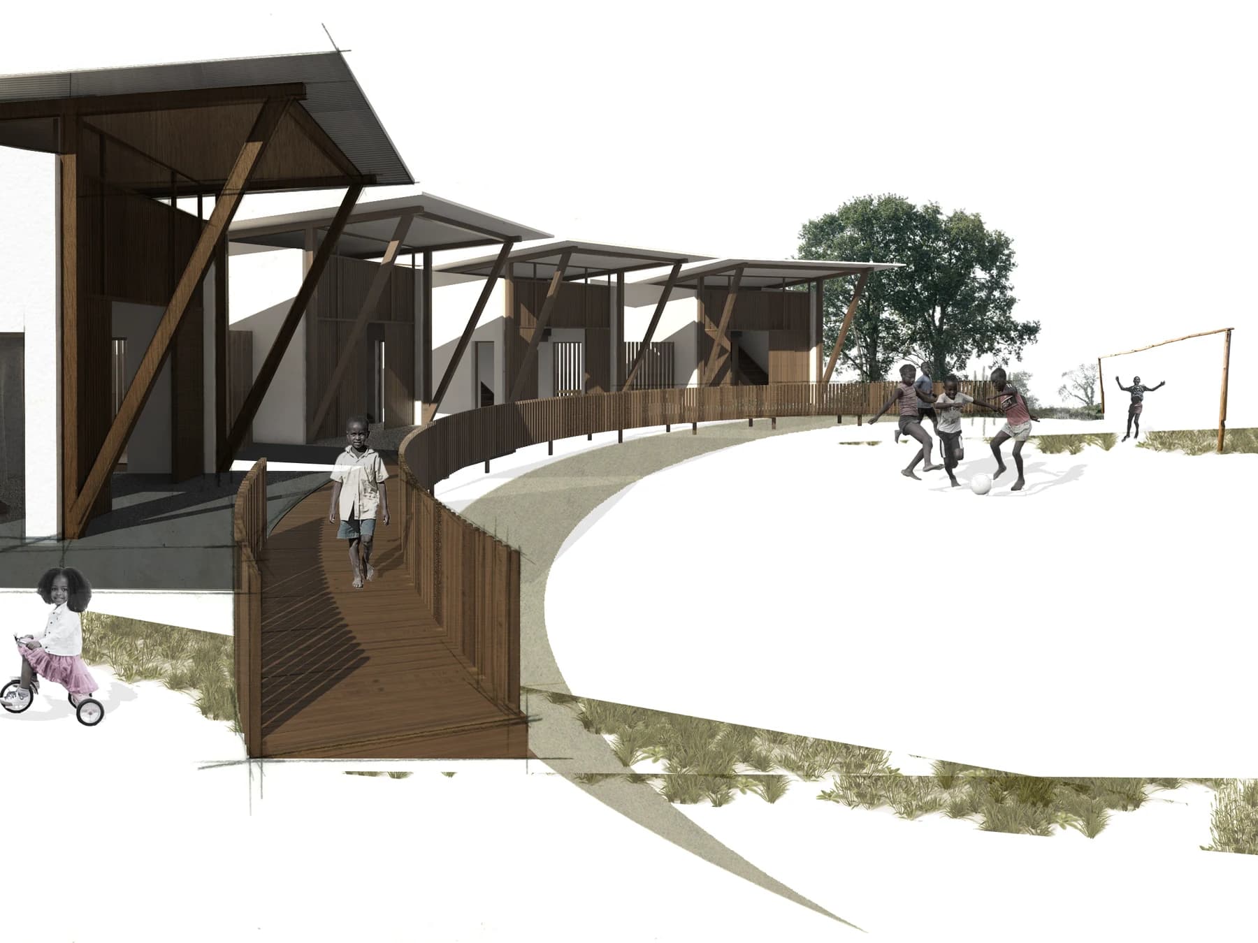 Architectural rendering of the proposed VIMA campus, with linked two-story residential buildings, shaded walkways, and a central play space